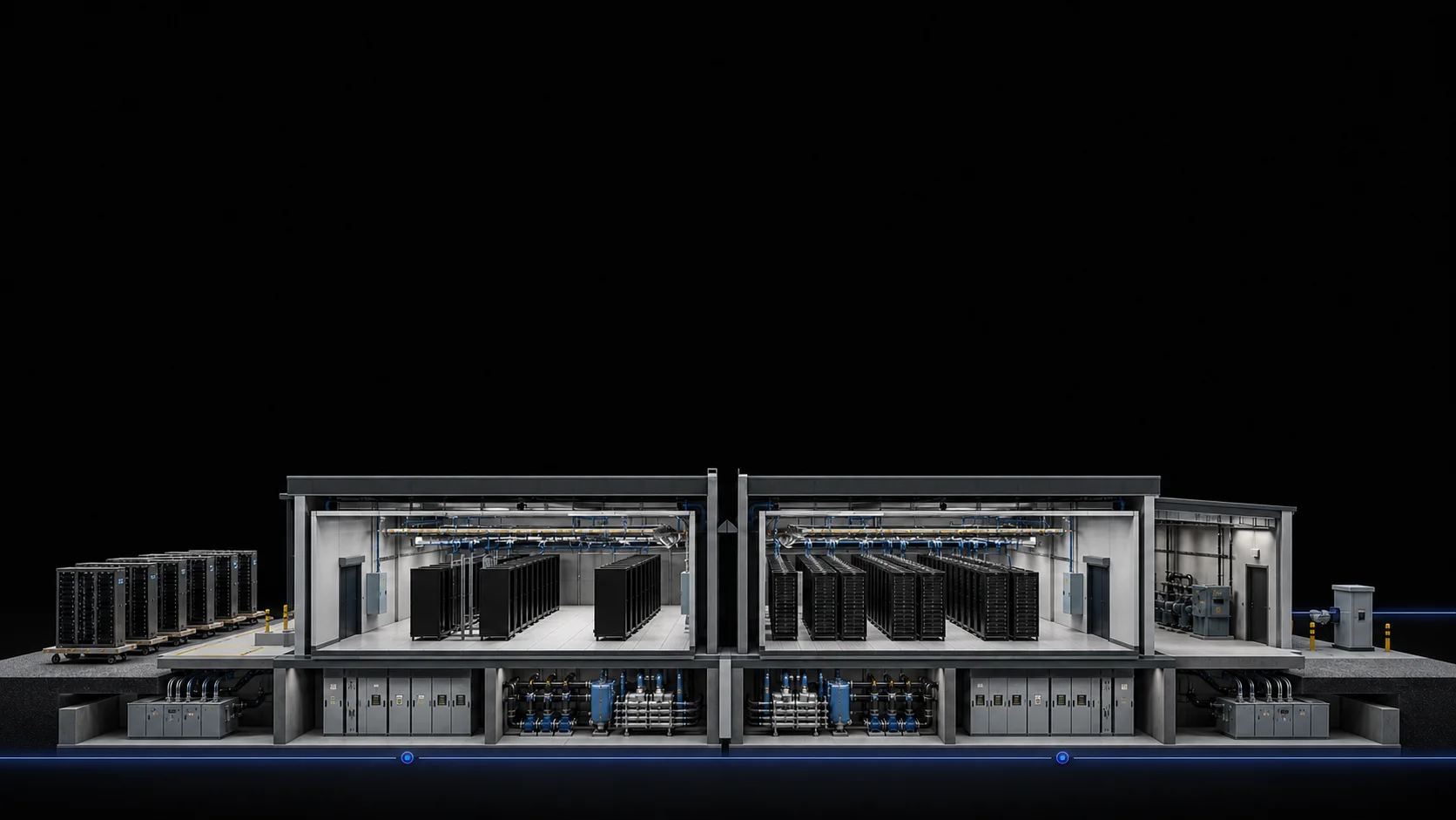Cutaway view of a liquid-cooled high-density data hall.