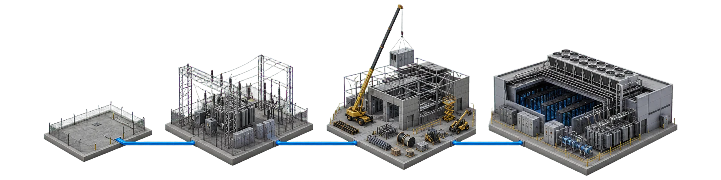 A site, substation, construction site and completed AI data center connected in sequence.
