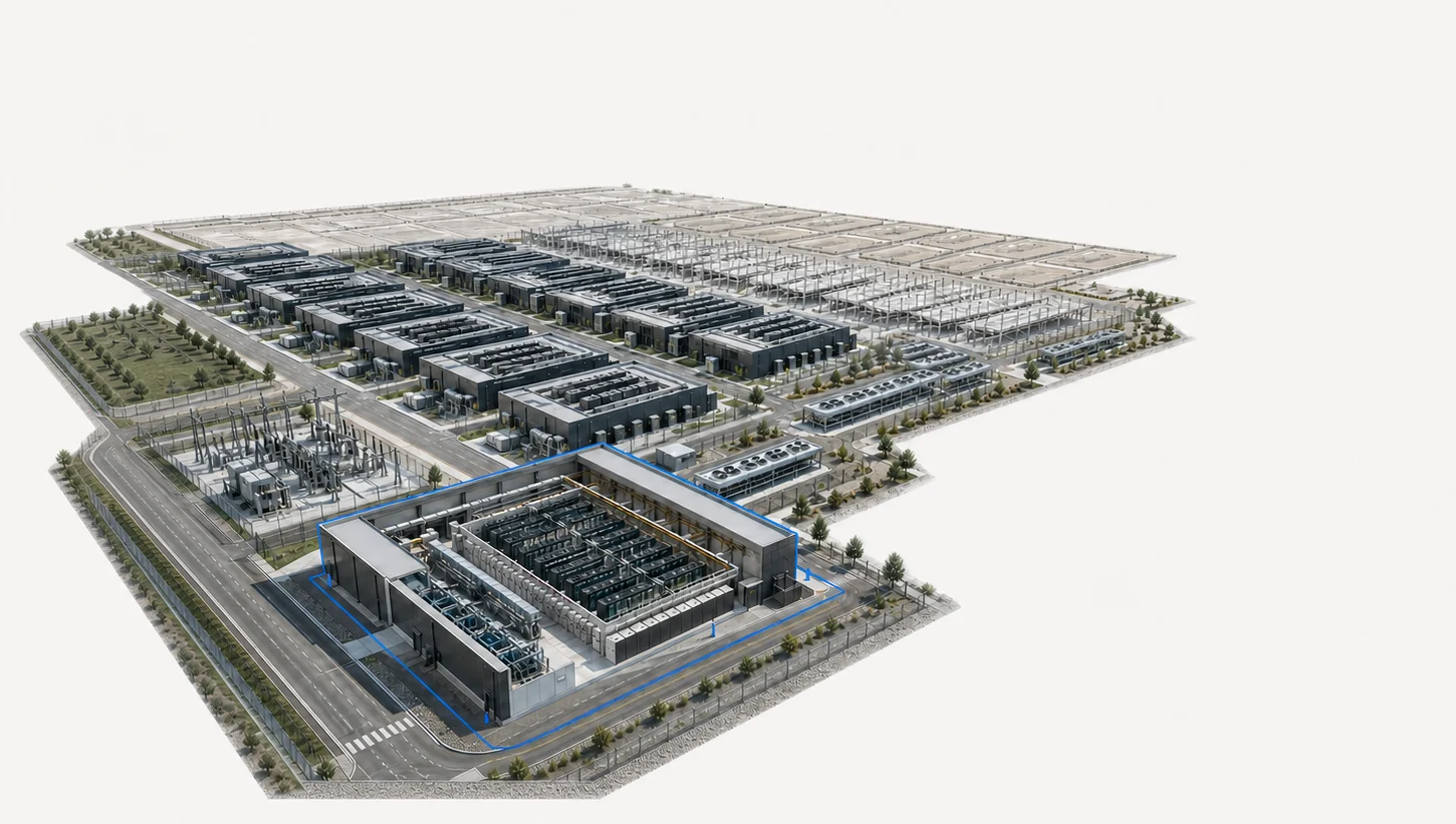 Modular Teravolt AI data-center campus with power and cooling infrastructure.