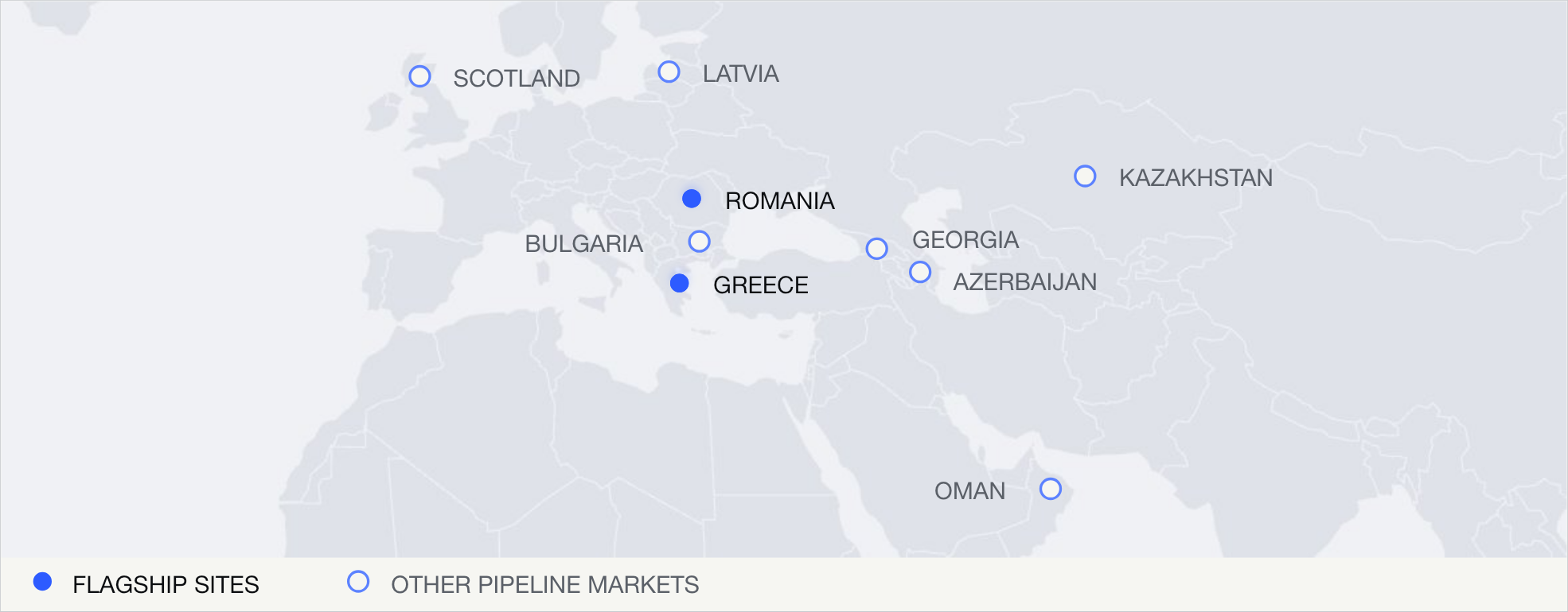 Corporate deck map showing Teravolt's flagship sites in Greece and Romania and pipeline markets in Bulgaria, Latvia, Scotland, Georgia, Azerbaijan, Kazakhstan and Oman.